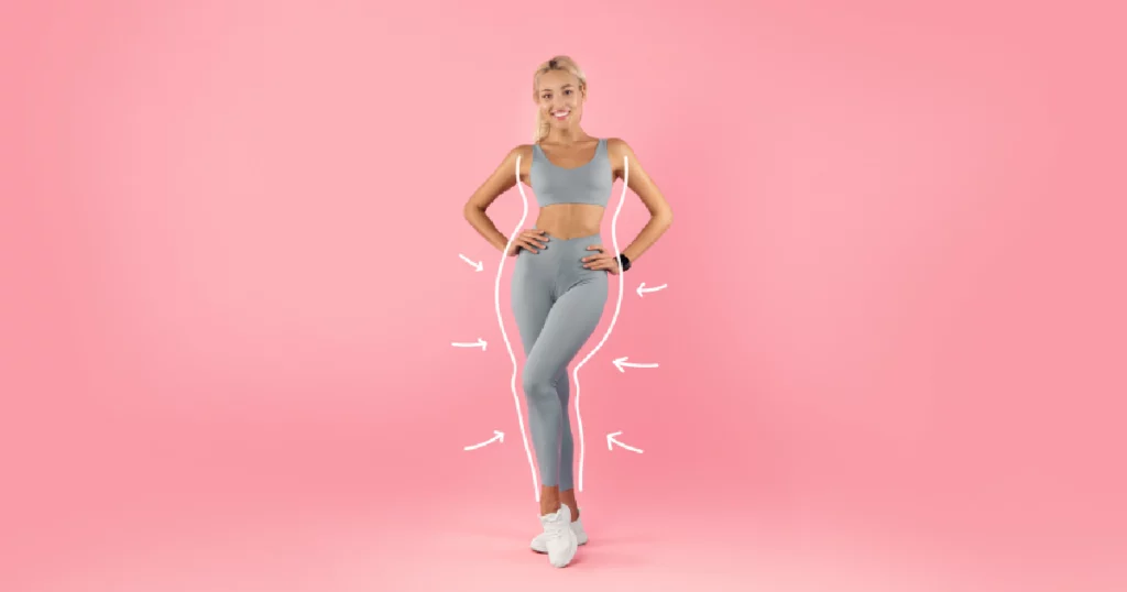 Current image: Woman in athletic wear posing confidently with contouring lines, representing Sculptra® for Body Skin Tightening in Charlotte, NC.