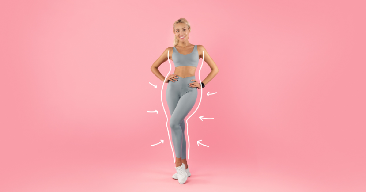 Woman in athletic wear posing confidently with contouring lines, representing Sculptra® for Body Skin Tightening in Charlotte, NC.
